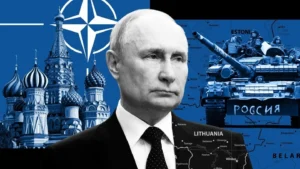 Володимир Путін на тлі Кремля, НАТО та російського танка на мапі Естонії