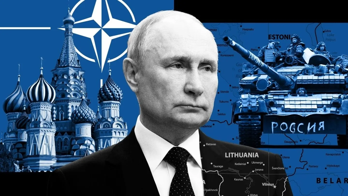 Володимир Путін на тлі Кремля, НАТО та російського танка на мапі Естонії