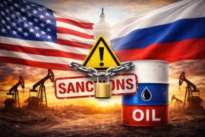 Прапори США та Росії з нафтовим баррелем під замком санкцій
