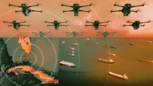 Рій ударних дронів над картою Куби та кораблями в морі