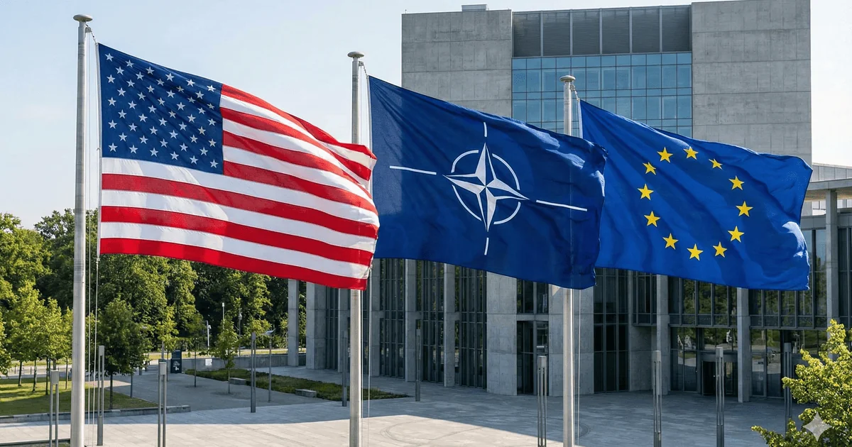 Прапори США, НАТО та ЄС перед будівлею штаб-квартири Альянсу