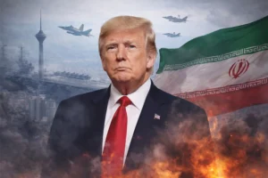 Дональд Трамп на тлі прапора Ірану, винищувачів та військового корабля