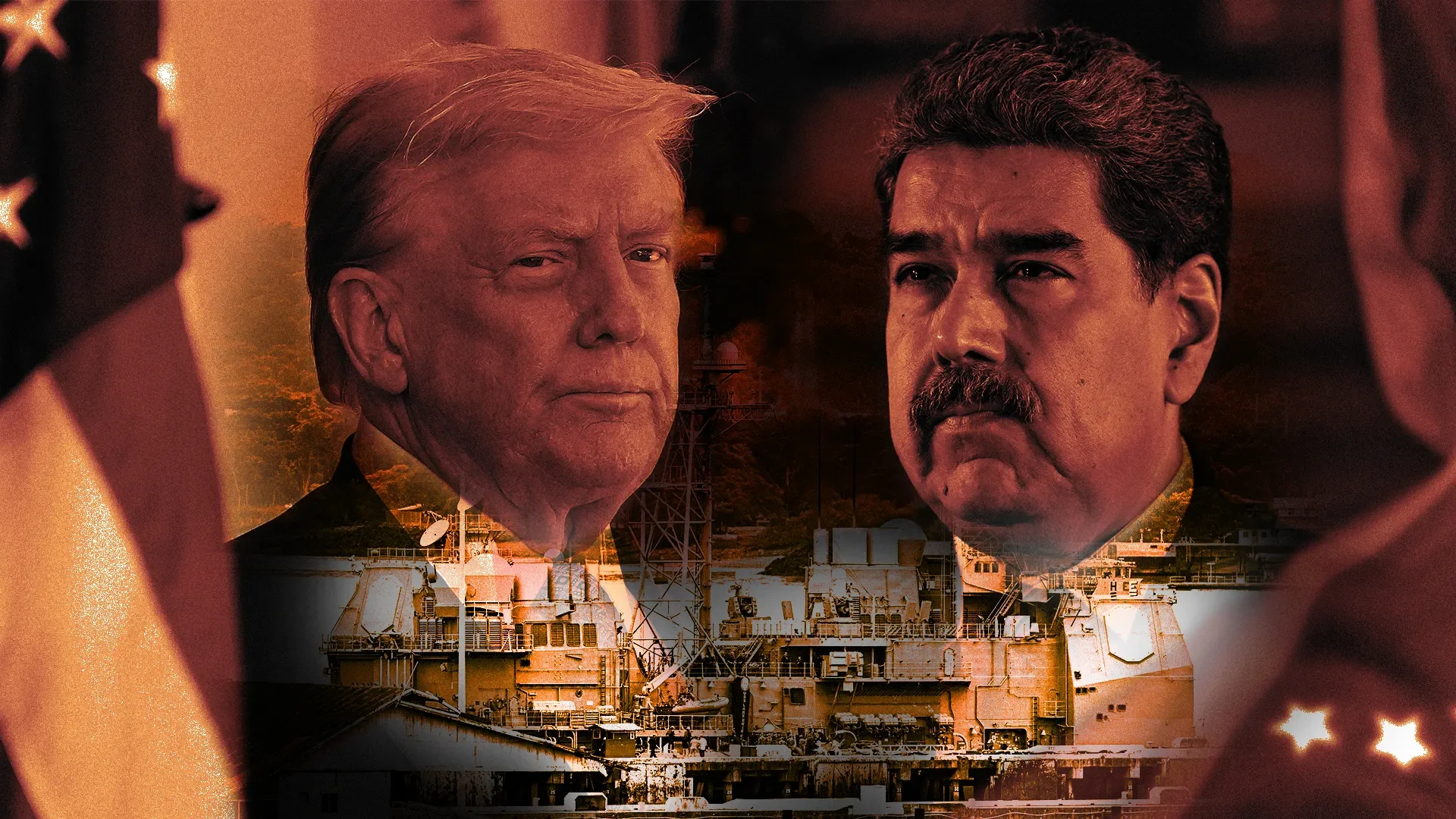 Дональд Трамп і Ніколас Мадуро на тлі нафтових веж з прапором США