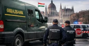 Угорські поліцейські вилучають фургон Ощадбанку біля парламенту