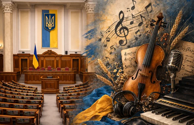Верховна Рада з скрипкою, нотами та символами української музики