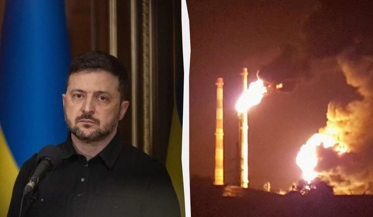 Зеленський на тлі палаючого Сизранського НПЗ після удару