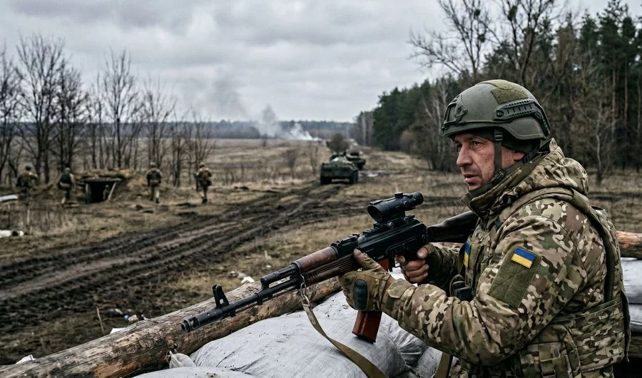 Боєць ЗСУ прицілюється з позиції під час весняного наступу РФ на фронті