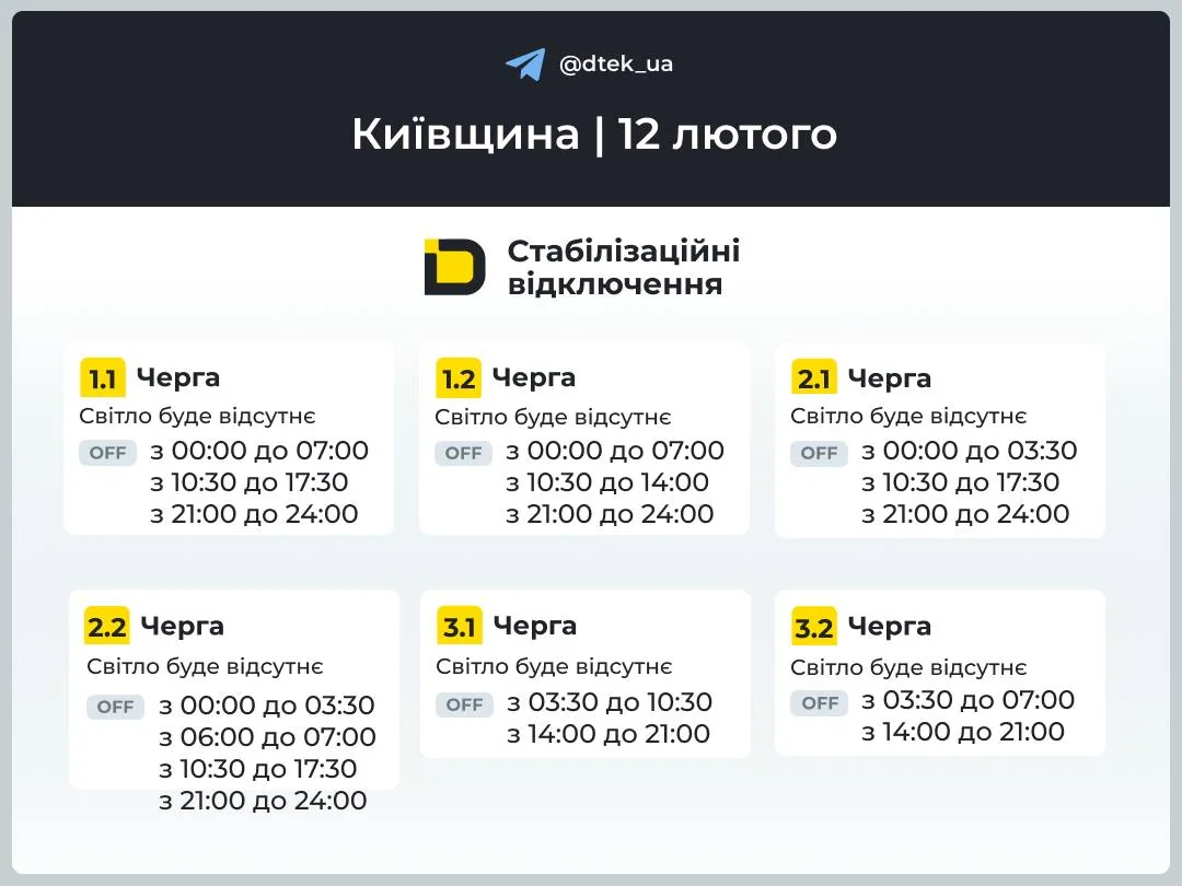 Графік стабілізаційних відключень електроенергії в Київщині на 12 лютого