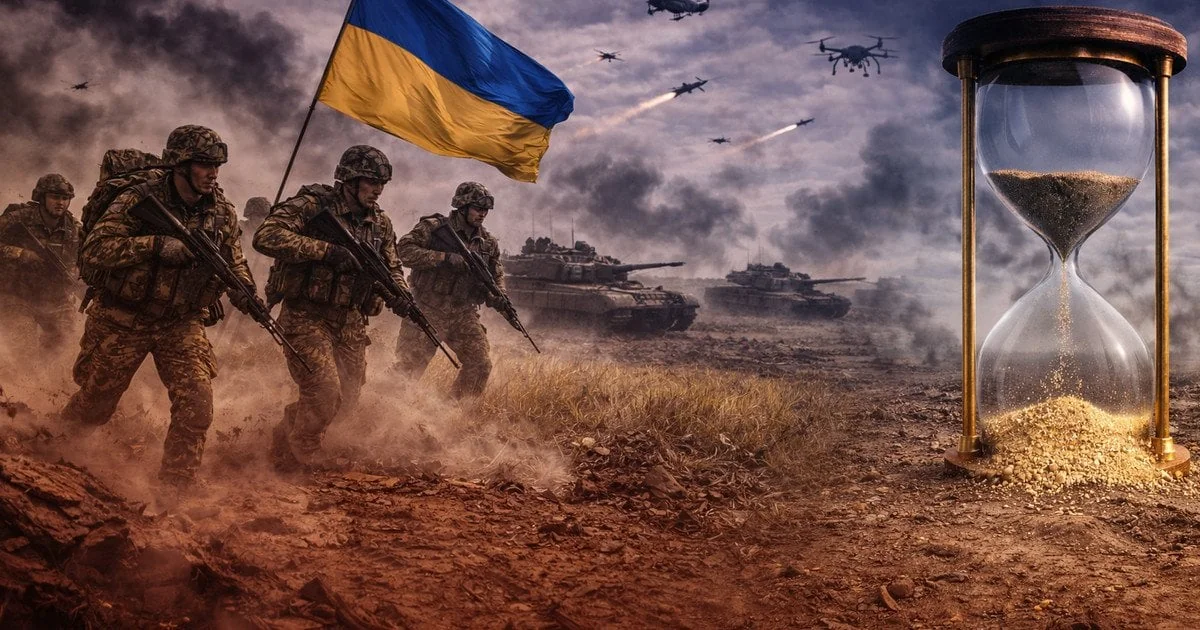 Українські військові наступають з прапором на тлі танків та пісочного годинника