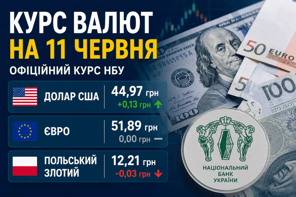 Курс валют НБУ: долар 44,97 грн, євро 51,89 грн на 11 червня