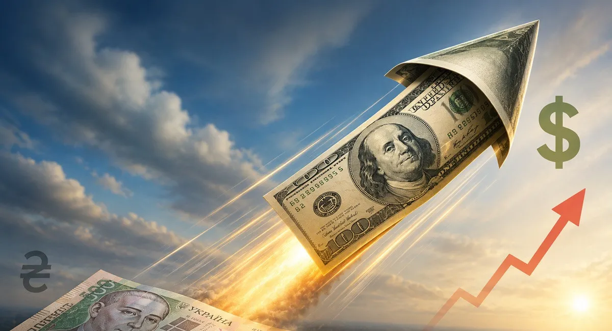 Долар США у формі ракети, що злітає вгору на тлі зростання курсу