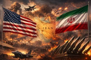 Прапори США та Ірану з ракетами над картою країни під час конфлікту