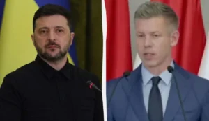 Володимир Зеленський та Петер Мадяр на тлі державних прапорів