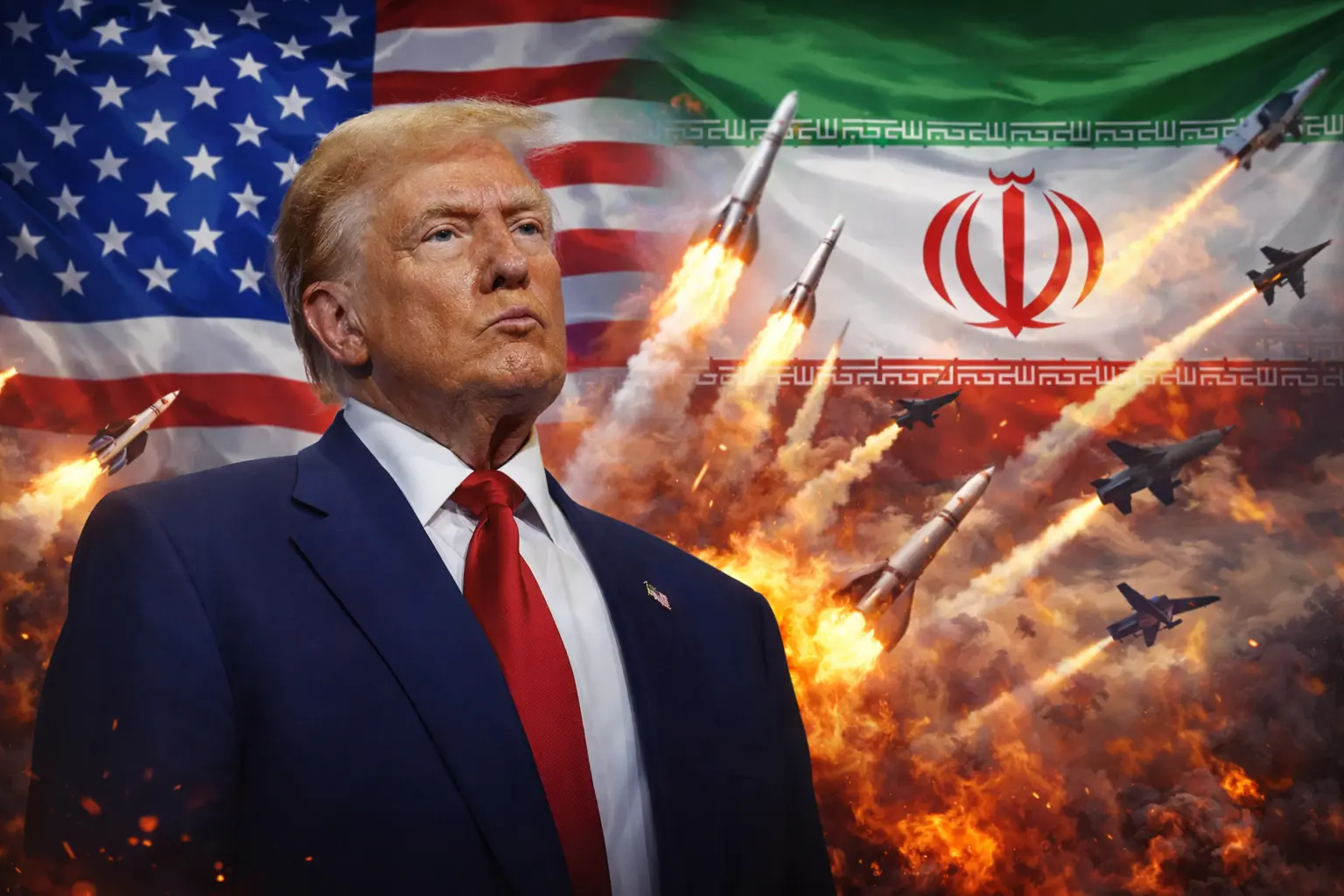 Дональд Трамп на тлі прапорів США та Ірану з ракетами та винищувачами