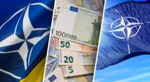 Прапори НАТО та України з банкнотами євро як символ допомоги