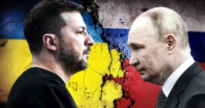 Путін і Зеленський розділені тріщиною між прапорами України та Росії