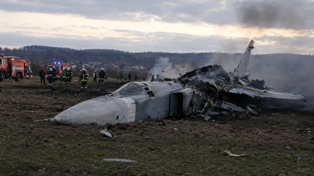 Уламки Су-24М після катастрофи на Хмельниччині з рятувальниками на місці