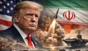 Дональд Трамп на тлі прапорів США та Ірану з ракетним ударом по флоту