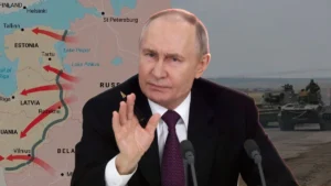 Володимир Путін на тлі мапи Балтії з червоними стрілками загрози