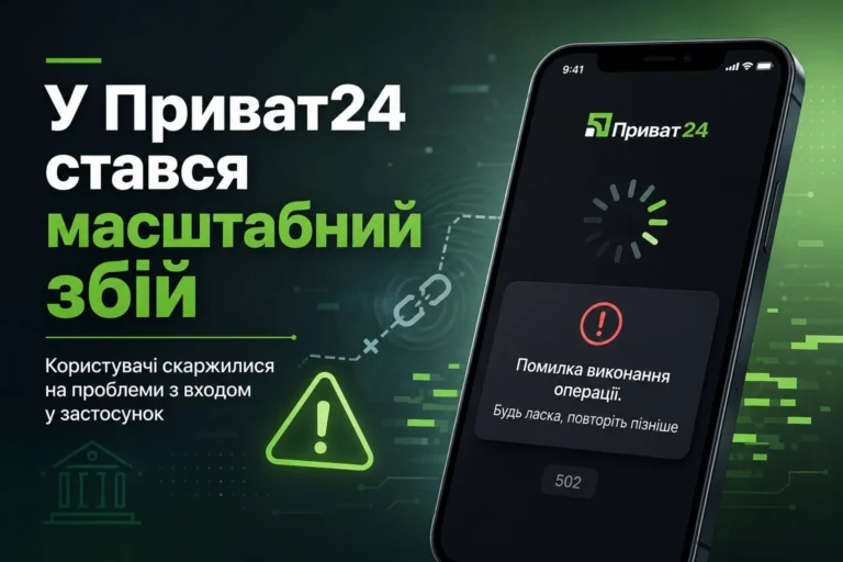Смартфон с ошибкой 502 в приложении Приват24 во время масштабного сбоя