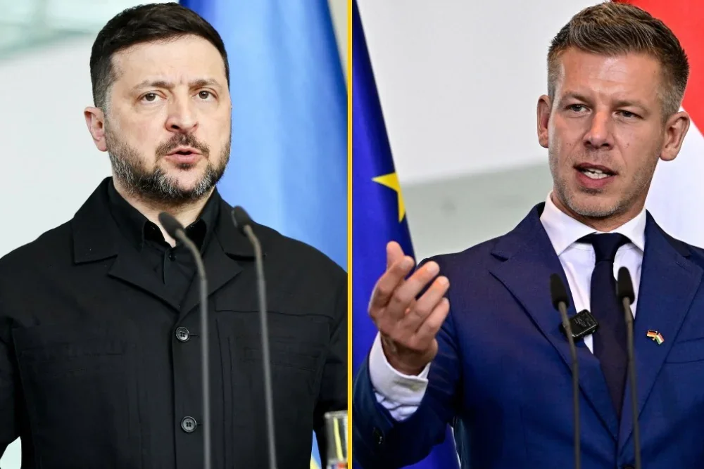 Володимир Зеленський і Петер Мадяр на тлі прапорів України та ЄС