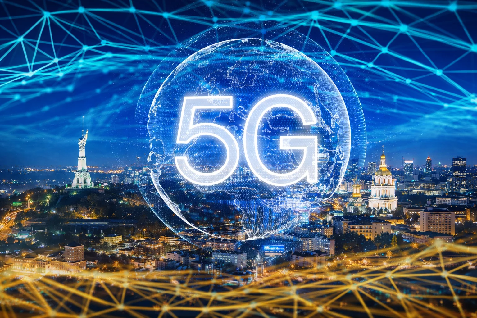 5G мережа над Києвом з монументом Батьківщина-Мати та собором