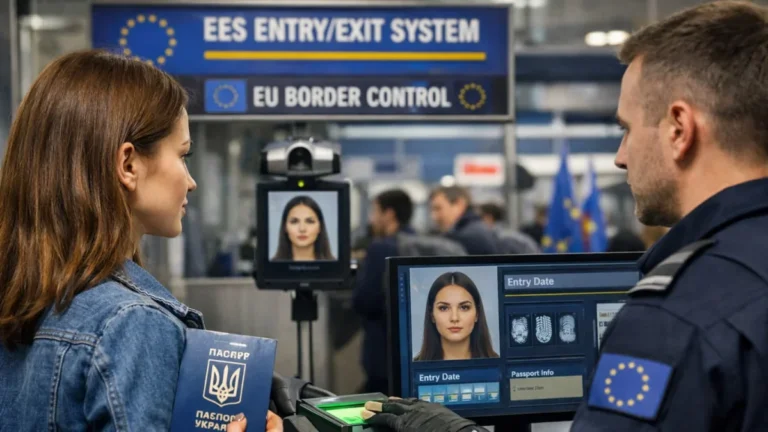 Женщина с украинским паспортом проходит биометрический контроль EES на границе ЕС