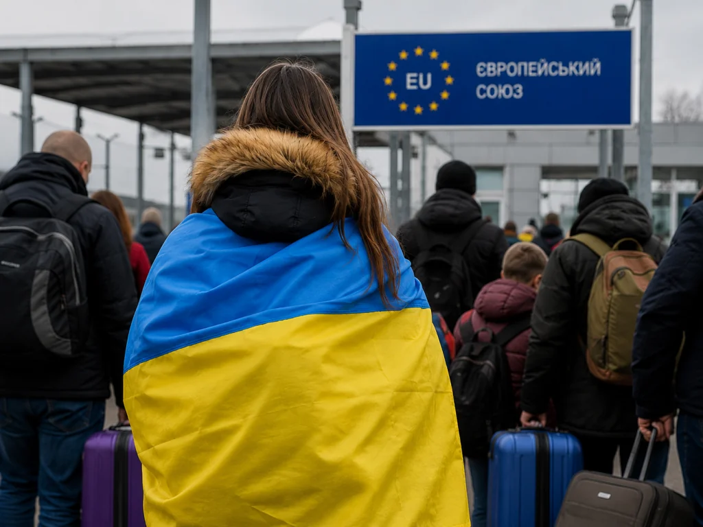 Украинцы с флагом и чемоданами возле знака ЕС за статусом защиты