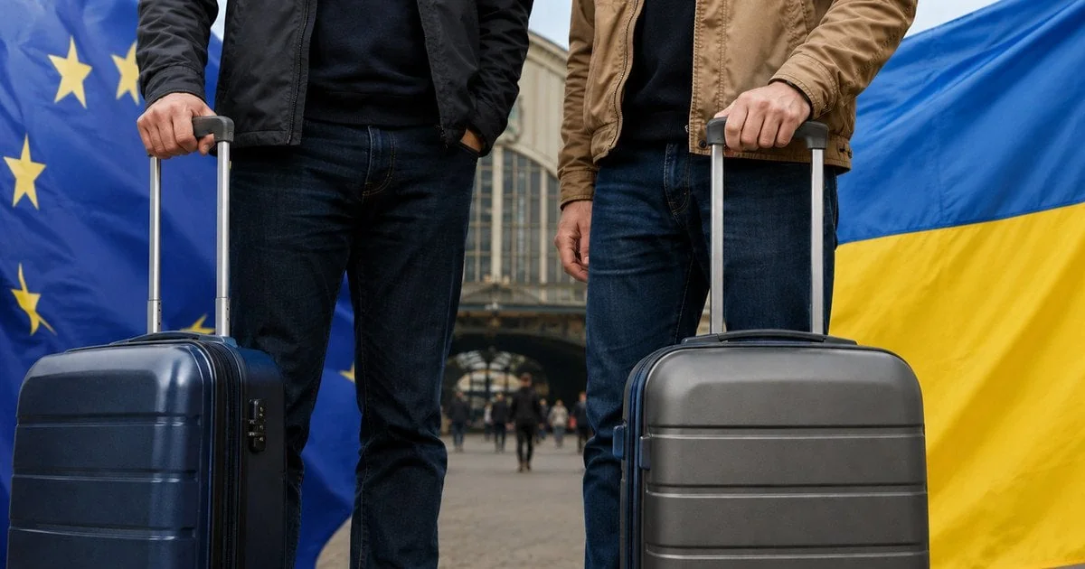 Чоловіки з валізками на тлі прапорів ЄС та України