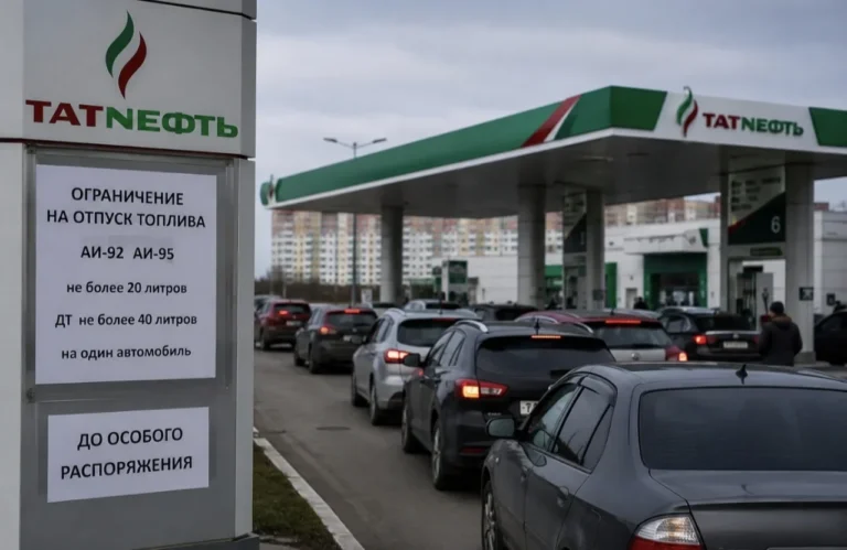 Очередь авто на АЗС Татнефть из-за ограничения продажи топлива в РФ