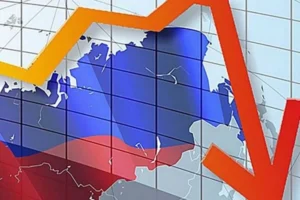 Карта РФ с флагом и графиком падения экономики