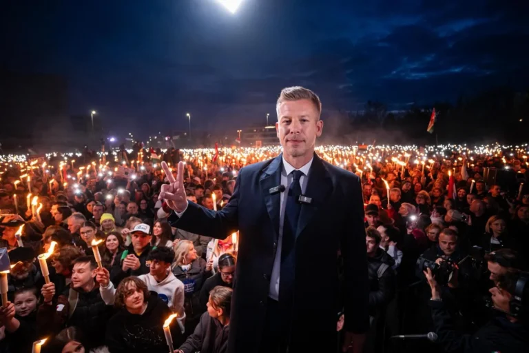 Петер Мадьяр приветствует толпу на ночном митинге в Венгрии