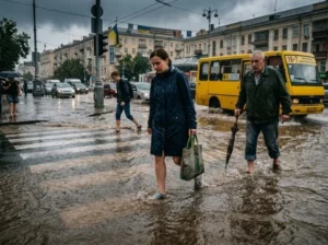 Люди долають затоплену вулицю під час грозових дощів в Україні