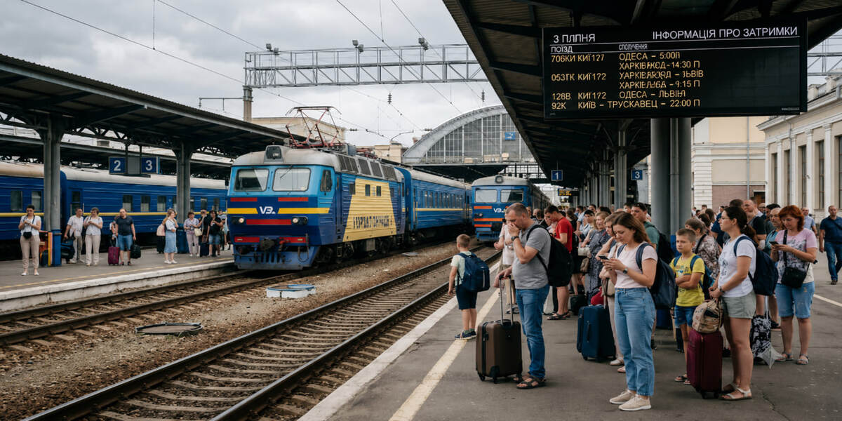 Пасажири з валізами чекають на затриманий поїзд Укрзалізниці біля табло інформації про затримки