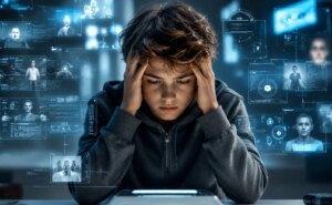 Молодой мужчина в стрессе от голографических интерфейсов и промптов ИИ