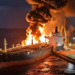 Пылающее российское судно после ударов Украины по флоту в Азовском море
