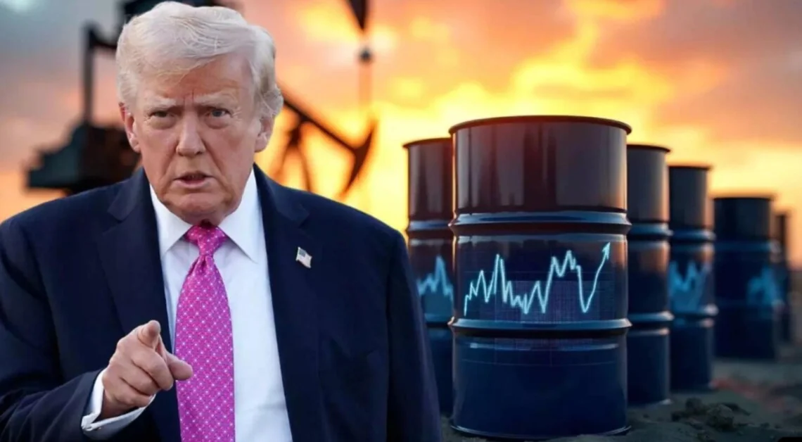 Дональд Трамп на фоне нефтяных бочек и графика роста цен