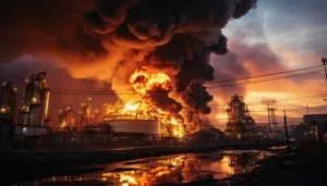 Палаючий Омський нафтопереробний завод після атаки українських дронів