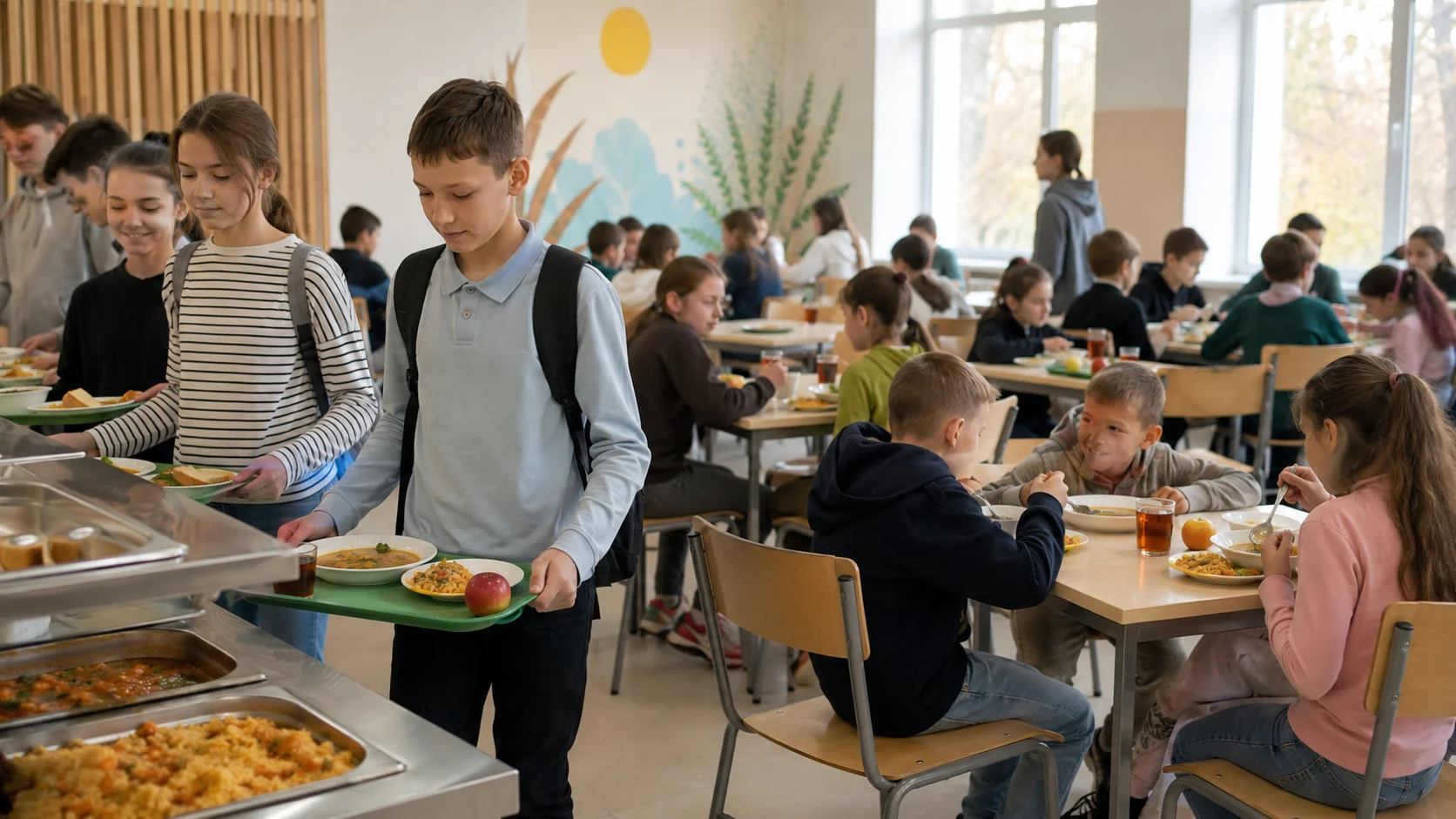 Школярі отримують безкоштовне гаряче харчування в шкільній їдальні
