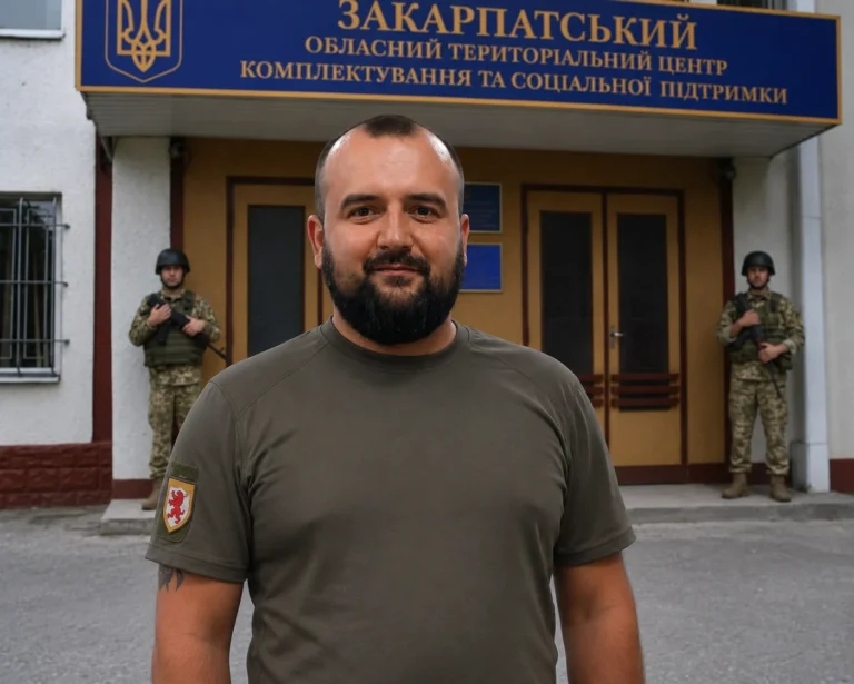 Мужчина перед зданием Закарпатского областного ТЦК с двумя охранниками
