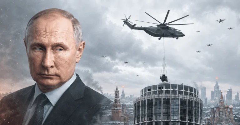 Владимир Путин на фоне Москвы под атакой дронов и вертолёта