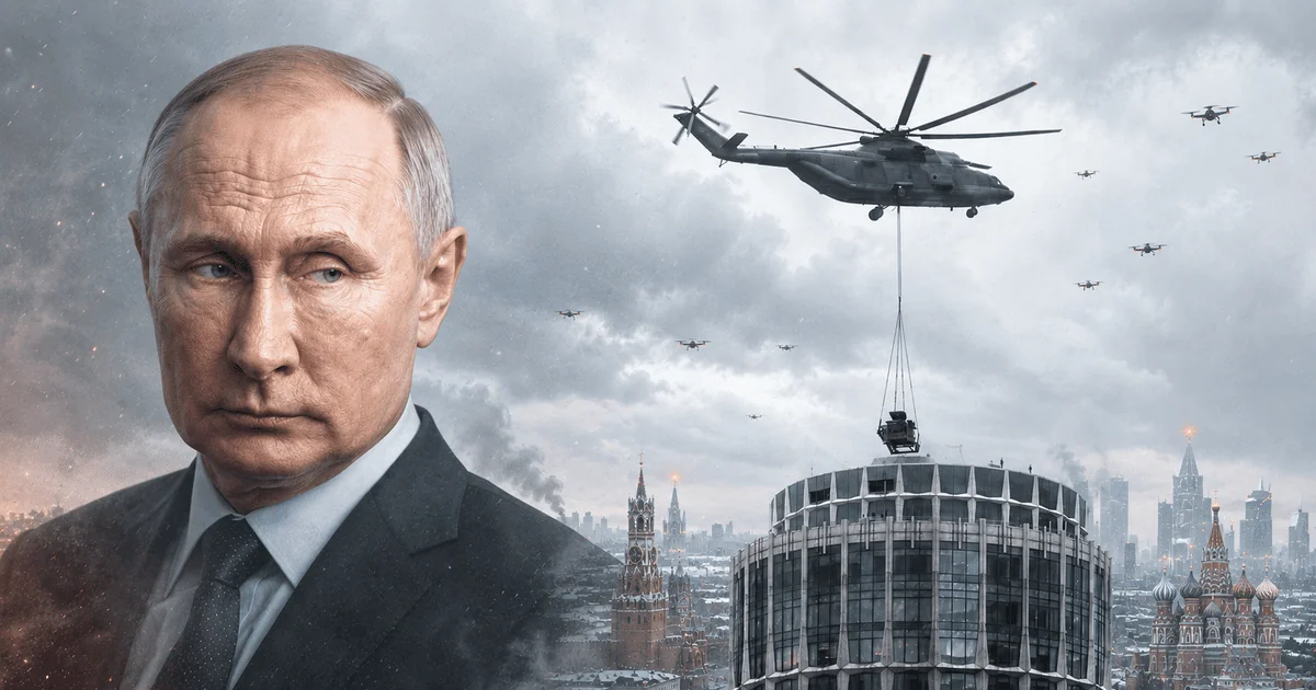 Володимир Путін на тлі Москви під атакою дронів і вертольота