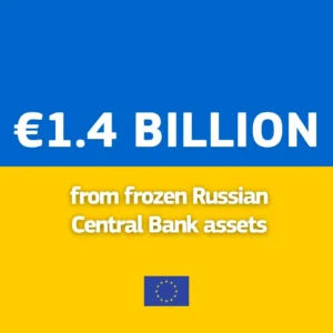 Блакитно-жовта графіка з текстом 1,4 млрд євро з заморожених активів РФ і логотипом ЄС