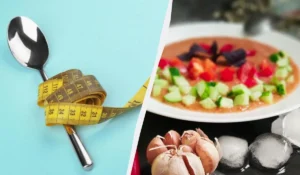 Колаж ложки зі сантиметром та тарілки гаспачо з овочами, часником і льодом
