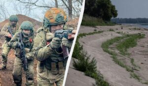 Російські військові з автоматами та висохле дно Каховського водосховища з рослинністю