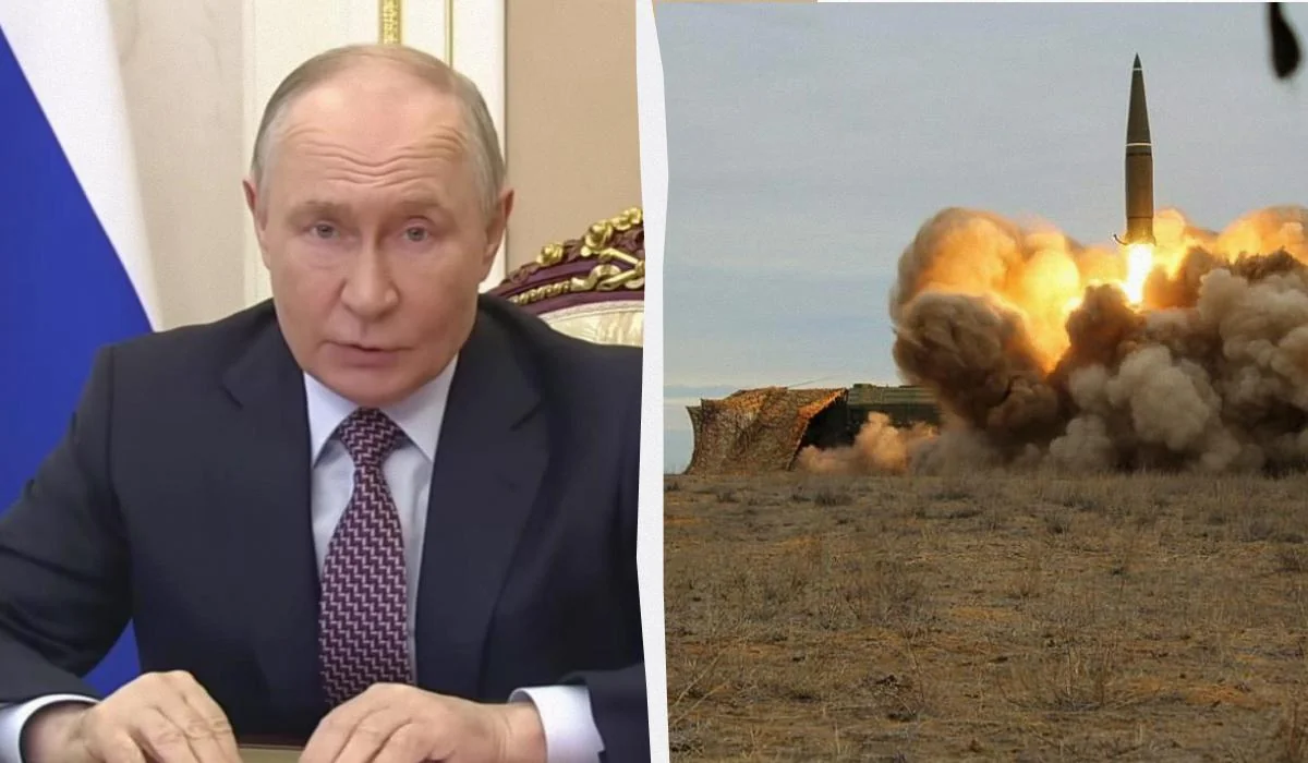 Путін за столом біля прапора Росії і запуск ракети з поля