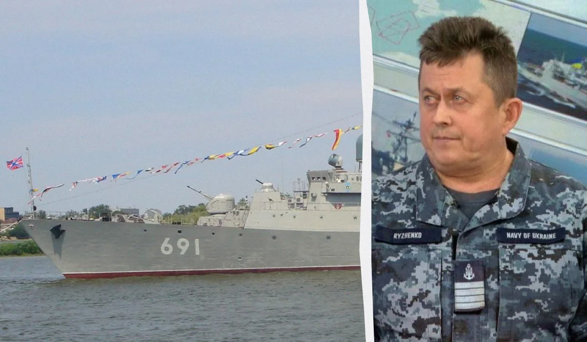 Корабель з номером 691 і Андрій Риженко у формі ВМС України