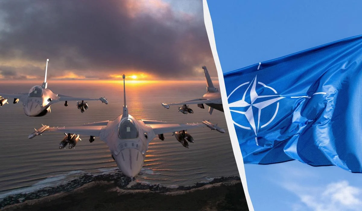 Три винищувачі летять над морем на заході сонця поруч із прапором НАТО