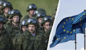 Російські солдати в камуфляжі та шоломах поруч із прапорами Євросоюзу