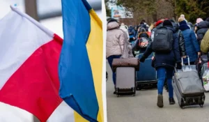 Прапори Польщі та України поруч із людьми з валізами на дорозі